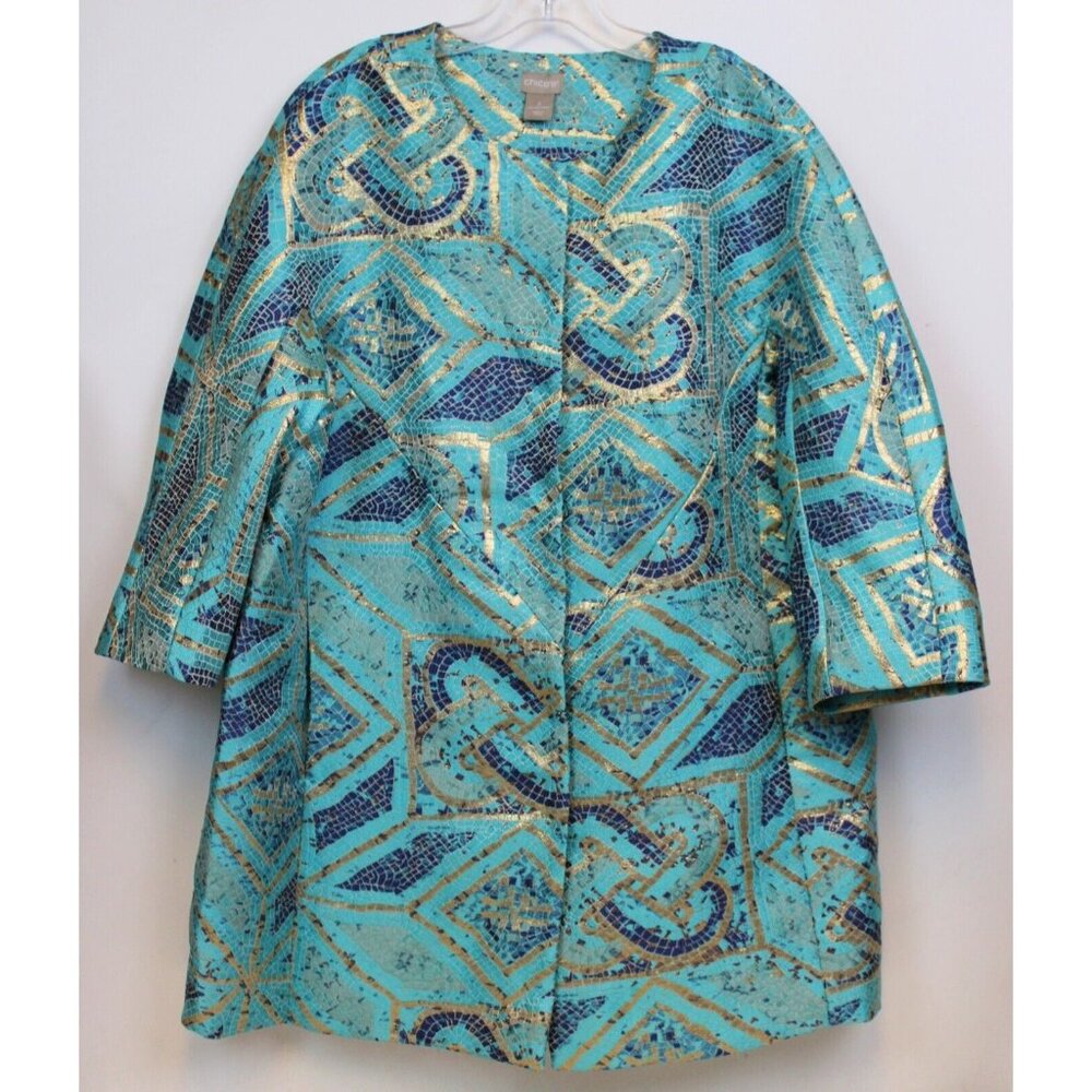 Chico's Mosaic Long Jacket sz 3 Teal Gold Teal Gold Mediterranean Party Dress